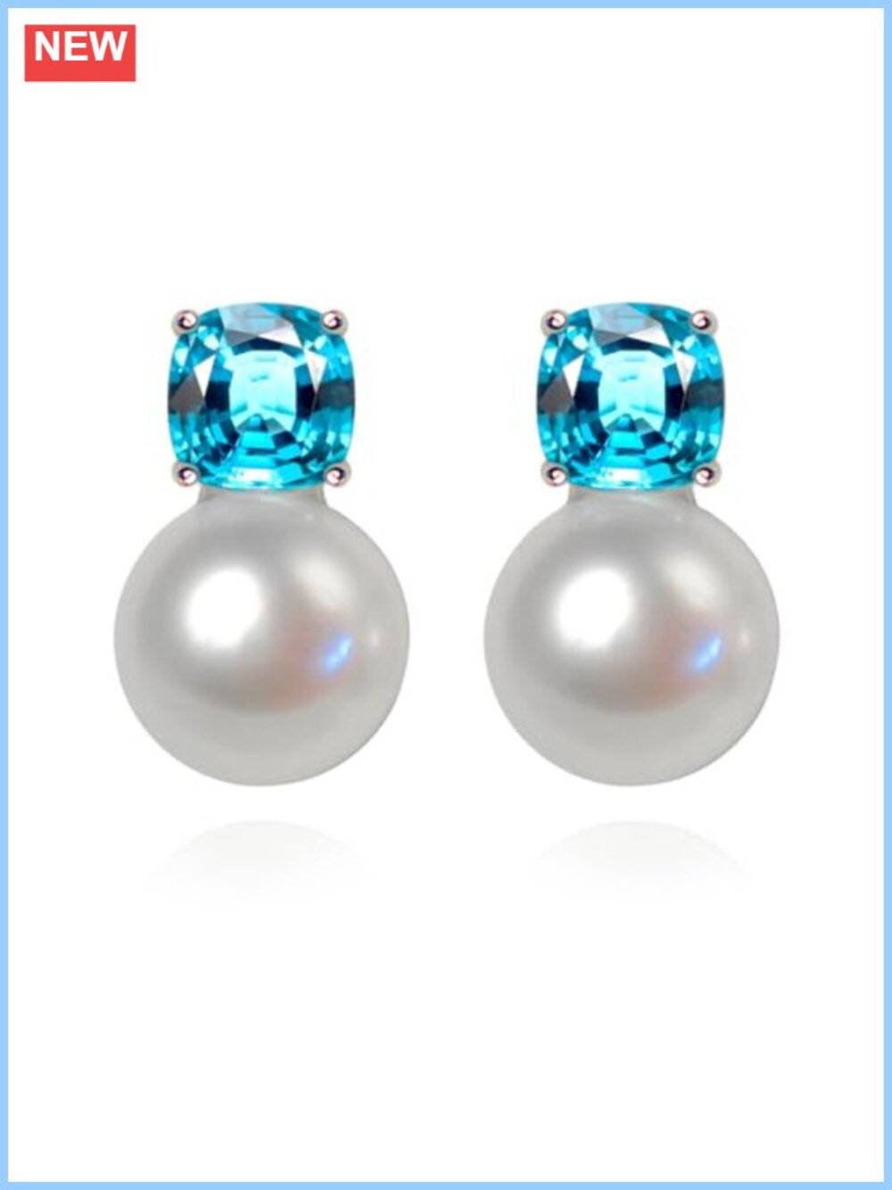S925 Sterling Silver Blue Topaz Pearl Stud Earrings Women Rhodium Plated